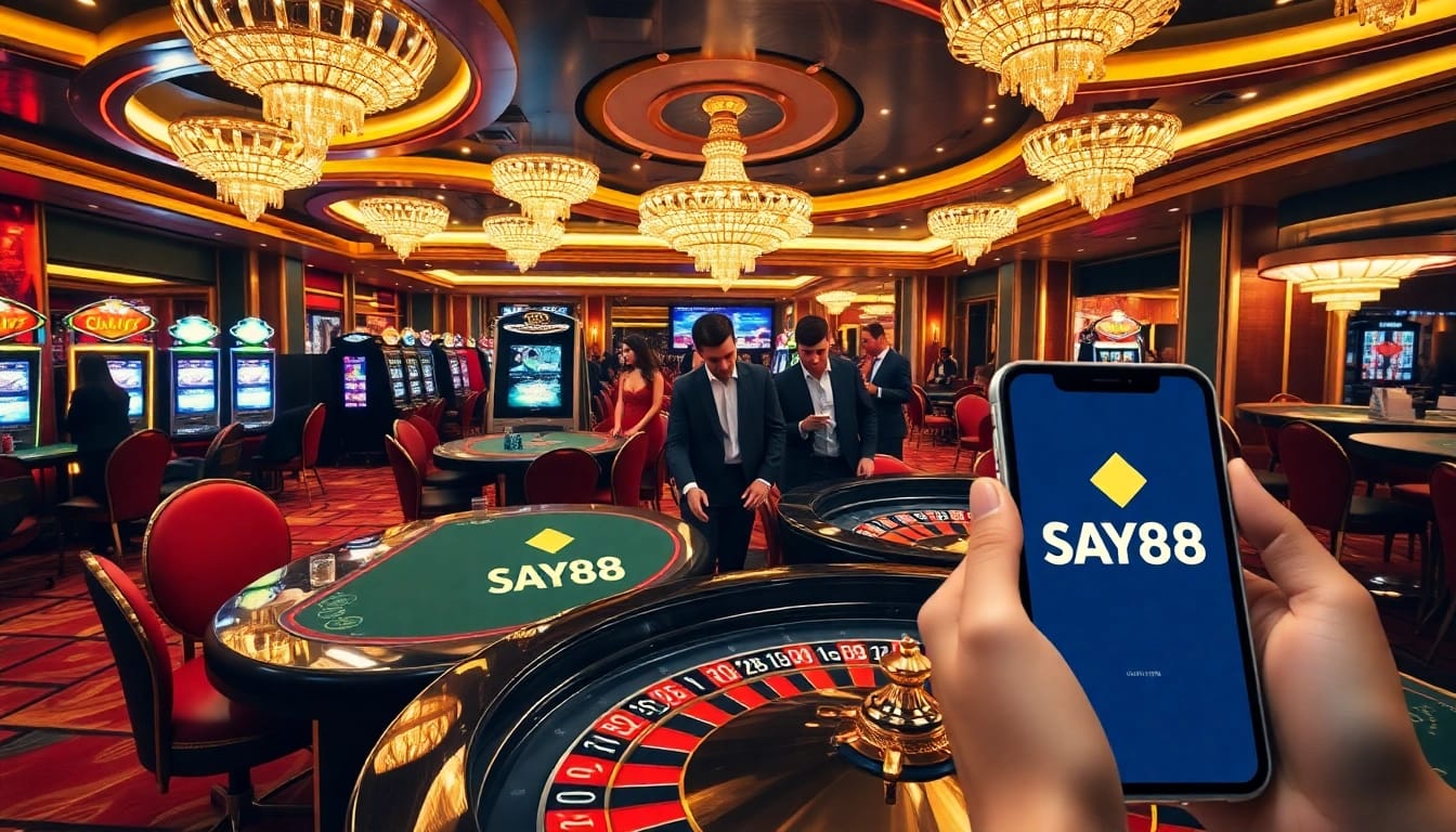 SAY88 players enjoying a glamorous casino experience with cards and winning chips on vibrant tables.