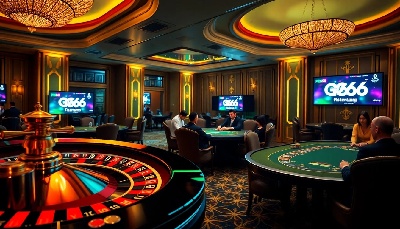 Experience winning at PG66 with a vibrant casino atmosphere featuring roulette and poker tables.