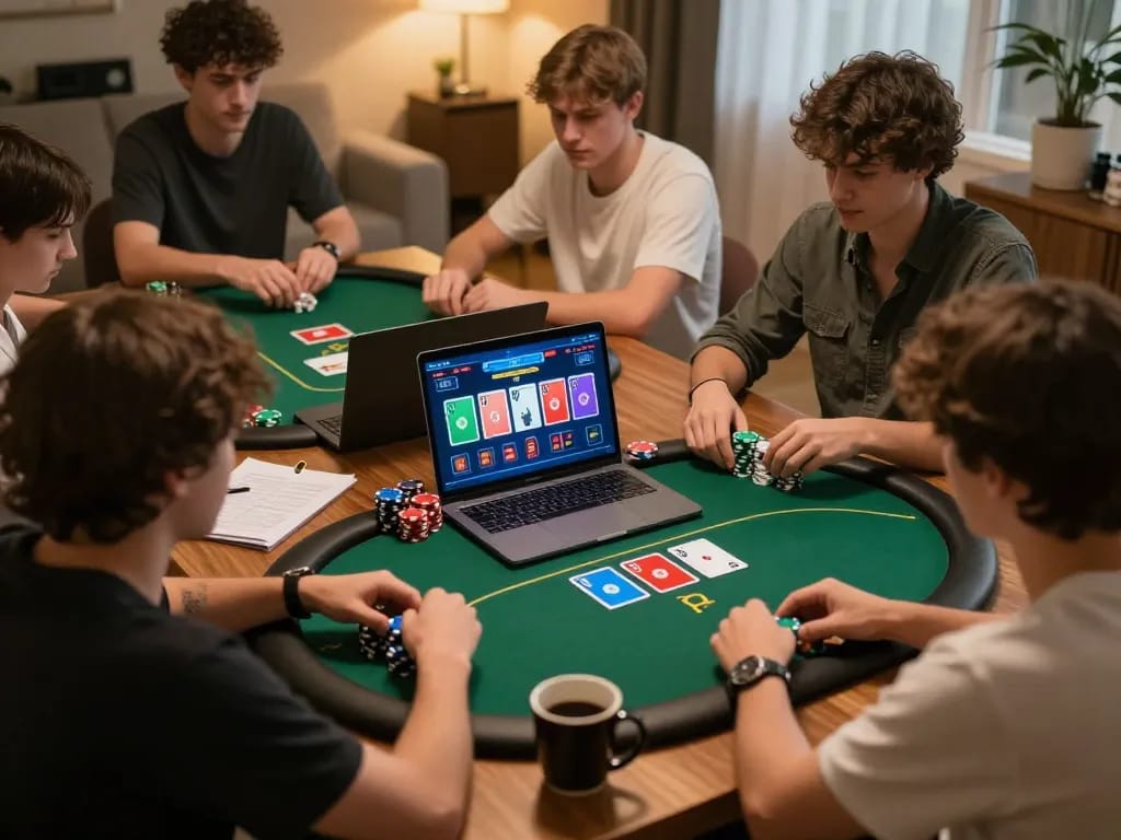 Luck8 players engaging in strategy during an online poker game at home, highlighting dynamic betting.