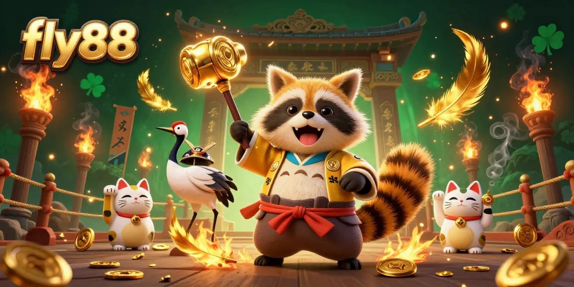 Experience thrilling gameplay at fly88 with our cheerful tanuki and lucky symbols in action!