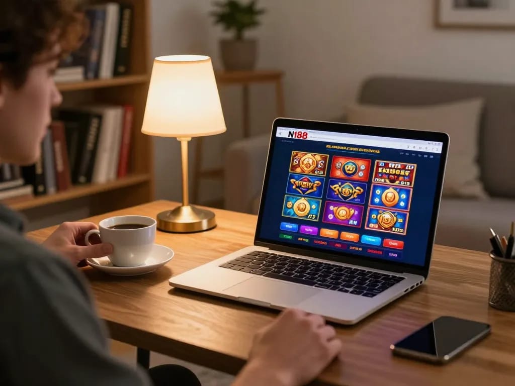 Engaging in online slots at N188 while enjoying a cozy home atmosphere with strategy books and coffee.
