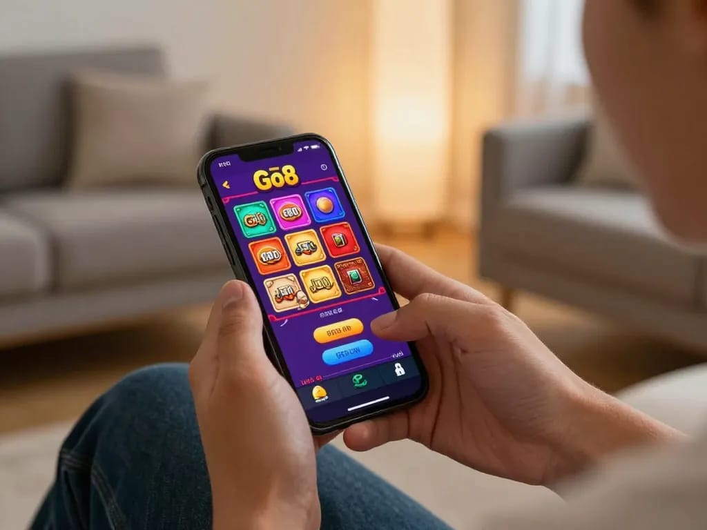 Player enjoying Go8 casino app on smartphone in stylish home setting, showcasing engaging gambling experience.