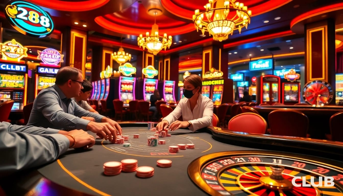 Experience the thrilling atmosphere at 789CLUB with intense poker action and vibrant slot machines.