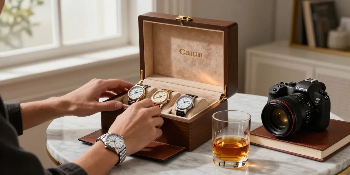 Quality replica watch collection in elegant display with luxury ambiance.