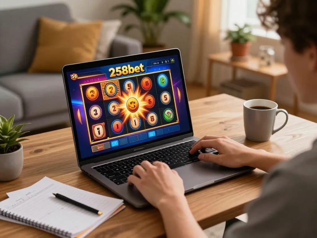Player enjoying an exciting session on 258bet's slots at home, surrounded by notes and warm ambiance.