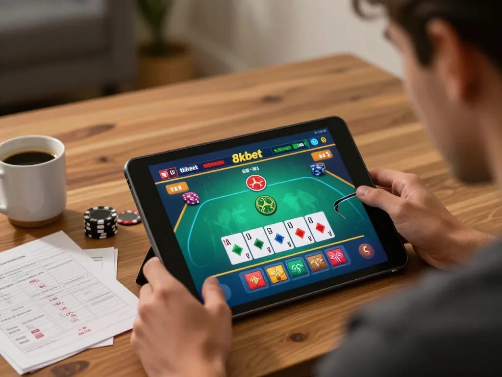Player strategizing a blackjack game on tablet, showcasing 8kbet excitement in a cozy home setting.