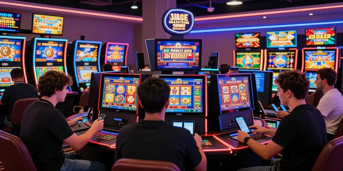 Players enjoying credit card casinos at being-there.org.uk, surrounded by vibrant neon lights and modern gaming technology.