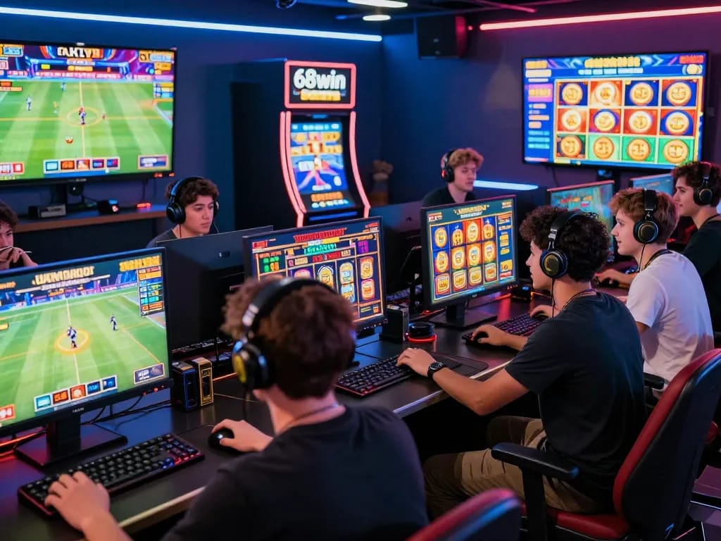 Diverse gamers engaged in multiple online games including slots and sports betting at 68win.