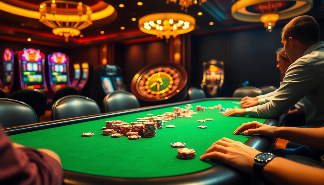 Engaging poker players at a kuwin casino table, highlighting excitement and luxurious ambiance.