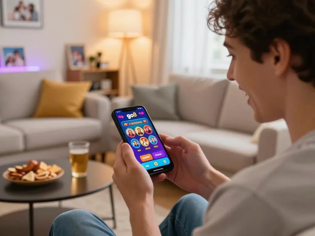 Person enjoying a win on the go8 casino app in a cozy home setting, surrounded by snacks.