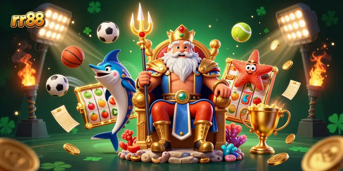 Experience thrilling slots and jackpots with rr88 featuring Neptune and a swordfish samurai in a dynamic casino scene.