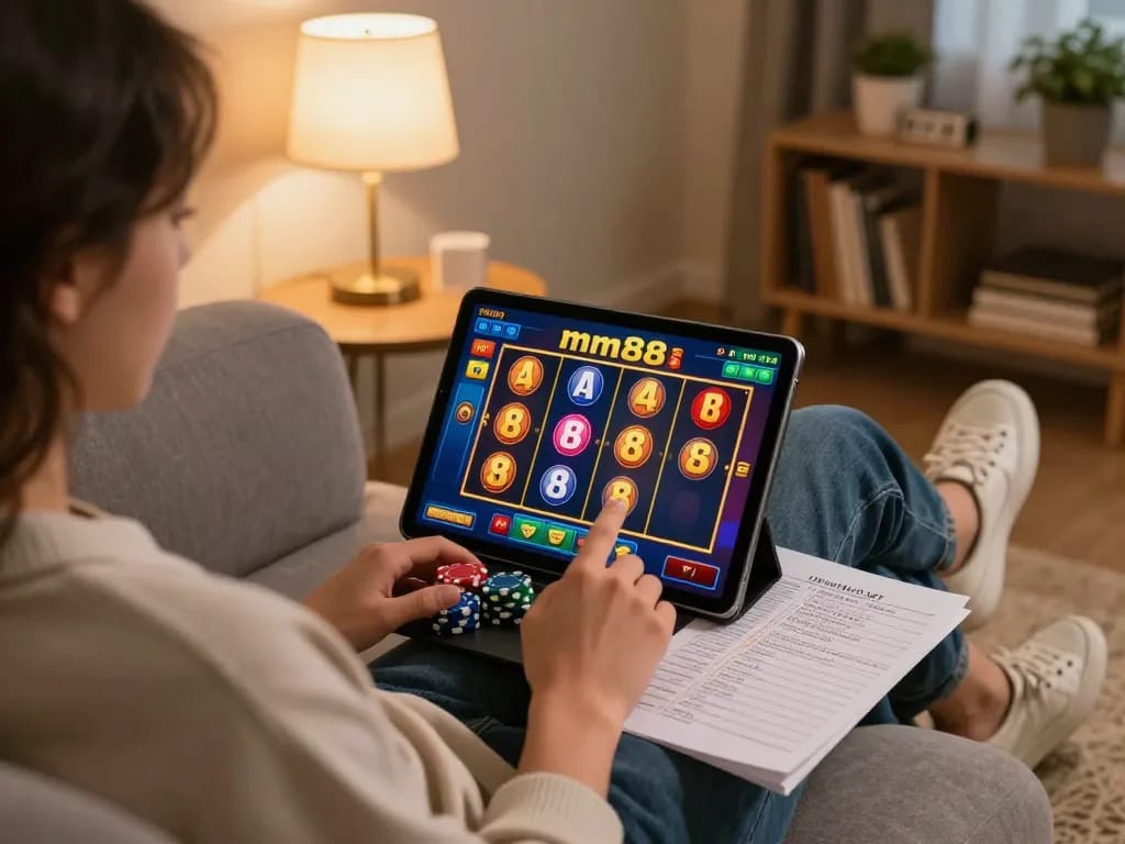 Enjoying a dynamic gaming session on casino mm88 slots from home with a tablet in a cozy setting.