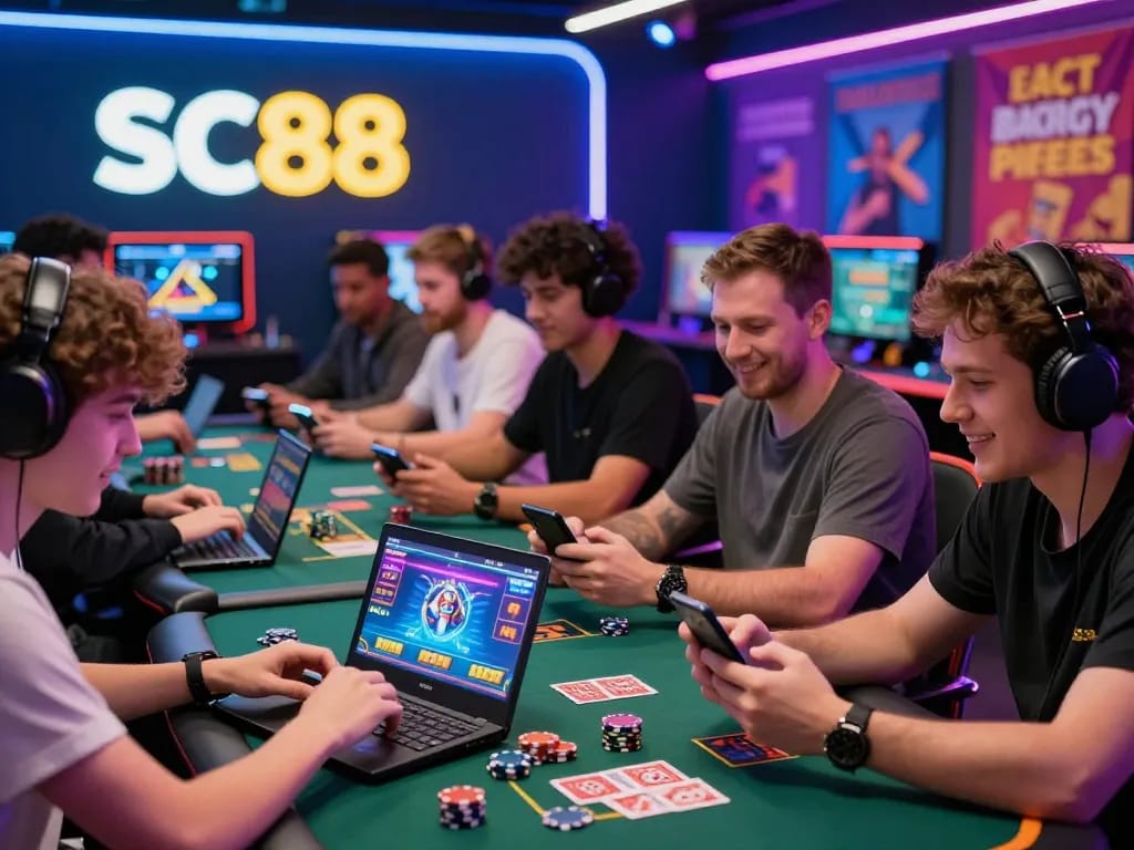 Diverse players engaging in SC88 online gaming with vibrant graphics and neon lighting.
