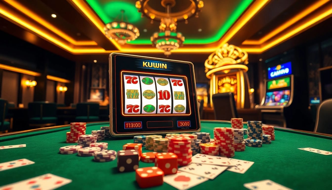 Kuwin online casino visual featuring a vibrant slot machine, poker chips, and dice on a luxurious table.