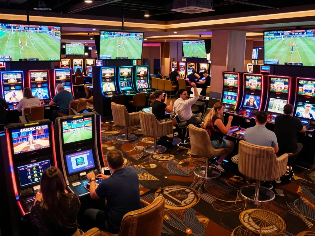 Patrons engaging in sports betting at keonhacaii88's modern lounge with multiple screens and exciting atmosphere