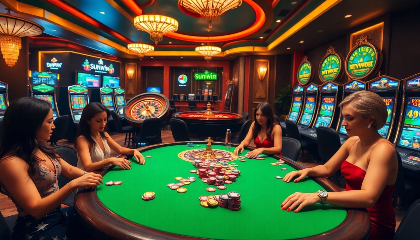 Experience thrilling gameplay at Sunwin casinos with vibrant poker tables and lively atmospheres.