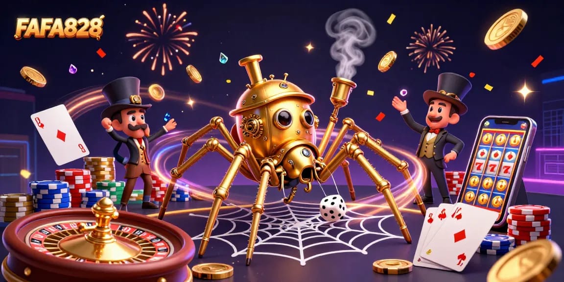 FAFA828 features a golden spider and amusing fly gentleman in an energetic casino scene.