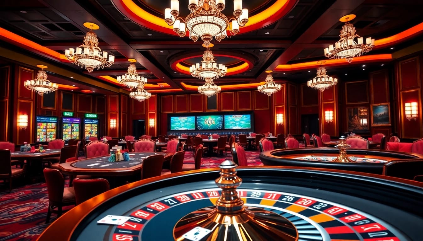 Engage with the thrilling LC88 Game at a luxurious casino featuring vibrant poker tables and high-stakes action.