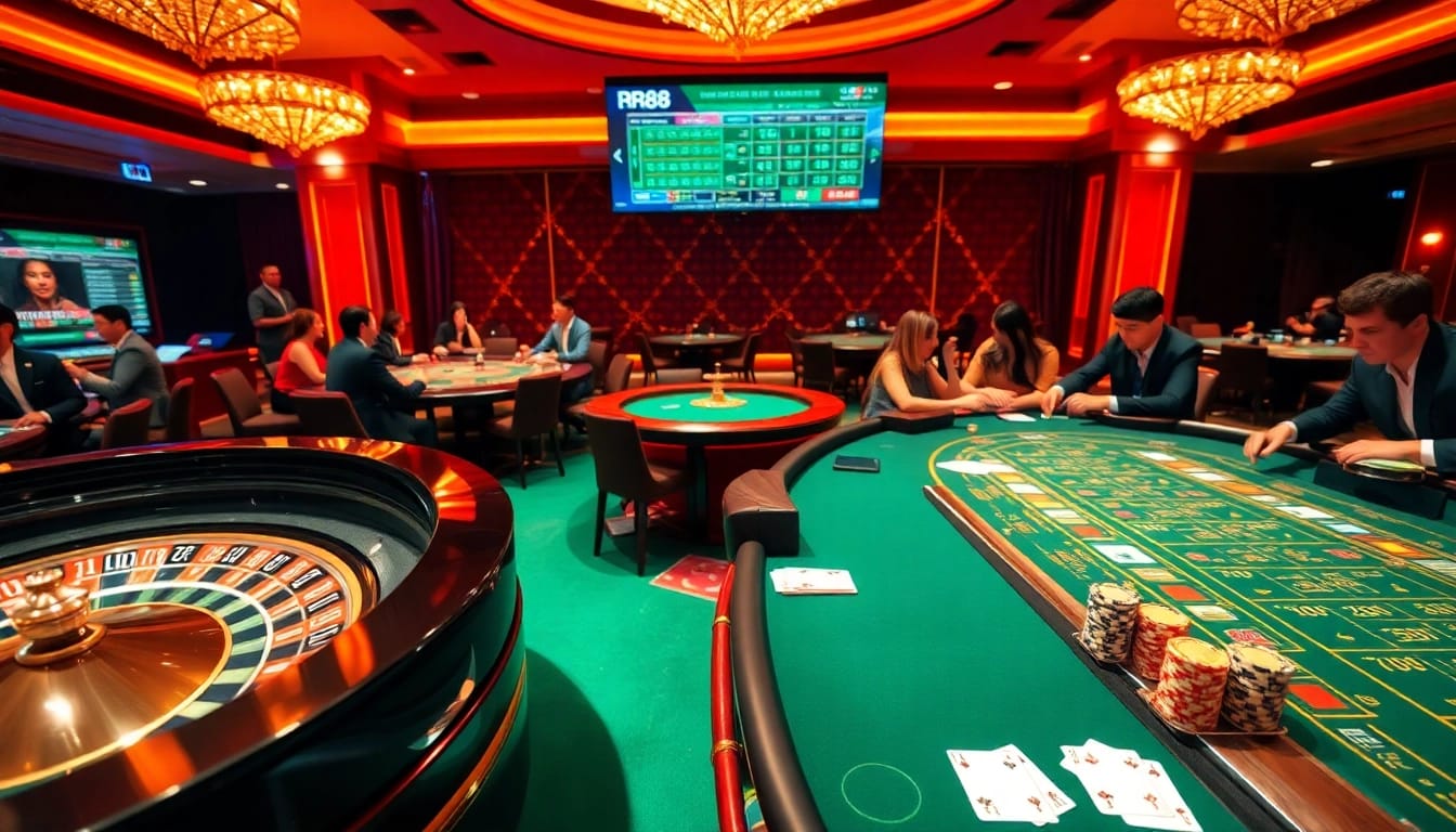 RR88 casino scene showcasing professionals playing roulette and blackjack, emphasizing vibrant poker chips.