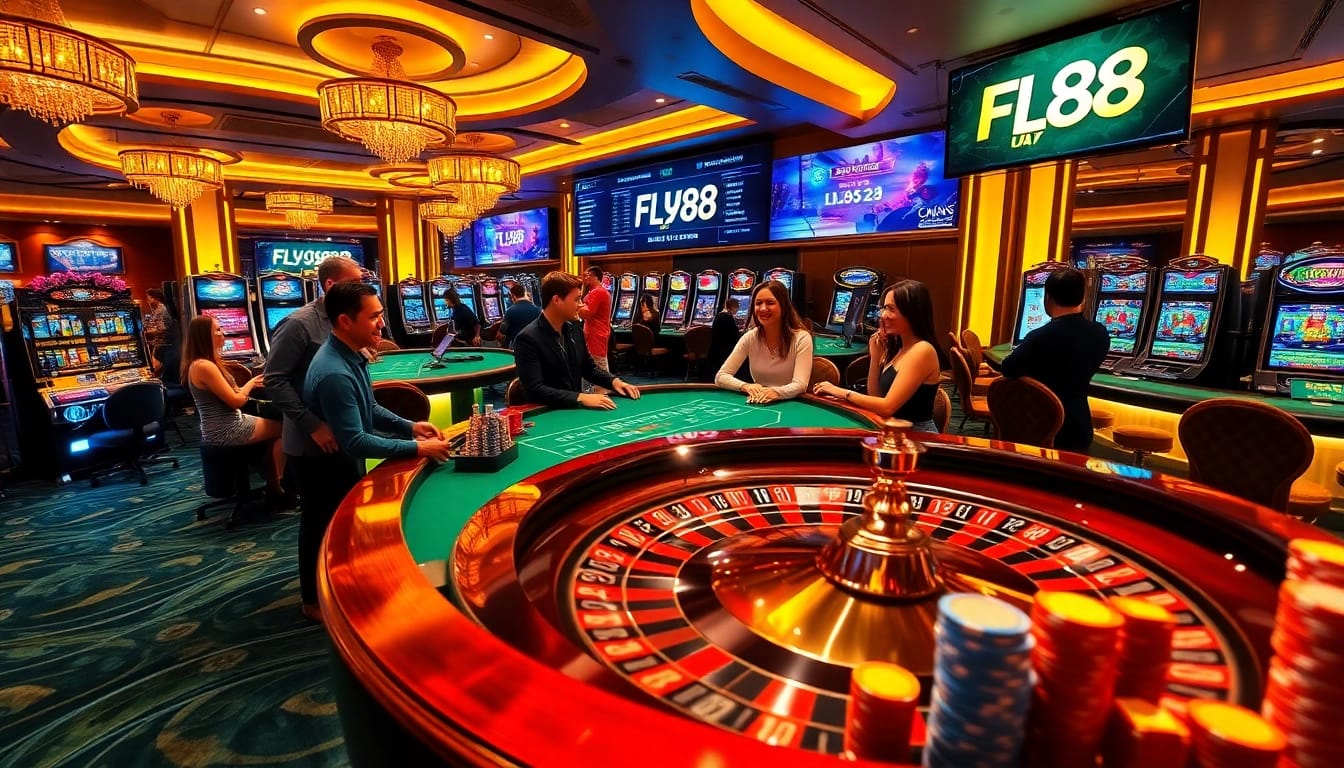 Excited players enjoy a vibrant casino experience at FLY88 with roulette and poker tables.