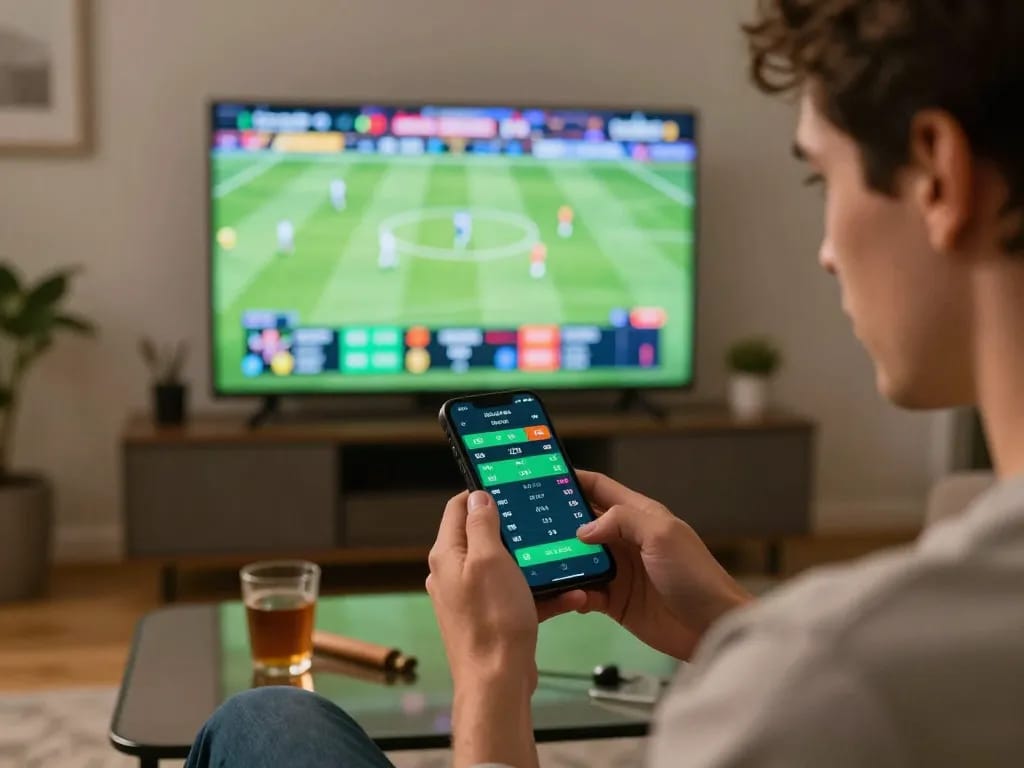 Kuwin engaging user placing bets during live sports event on smartphone, showcasing excitement and strategy.