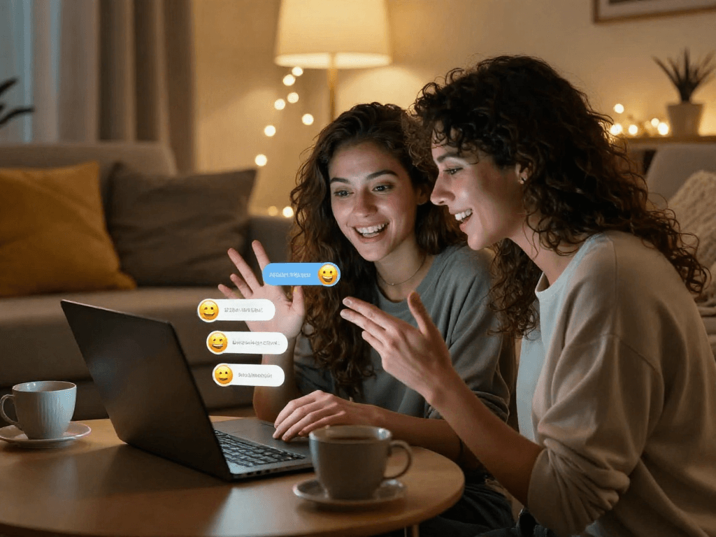 Engaging ai chat porn scene showing couple enjoying a playful virtual interaction in a cozy setting.