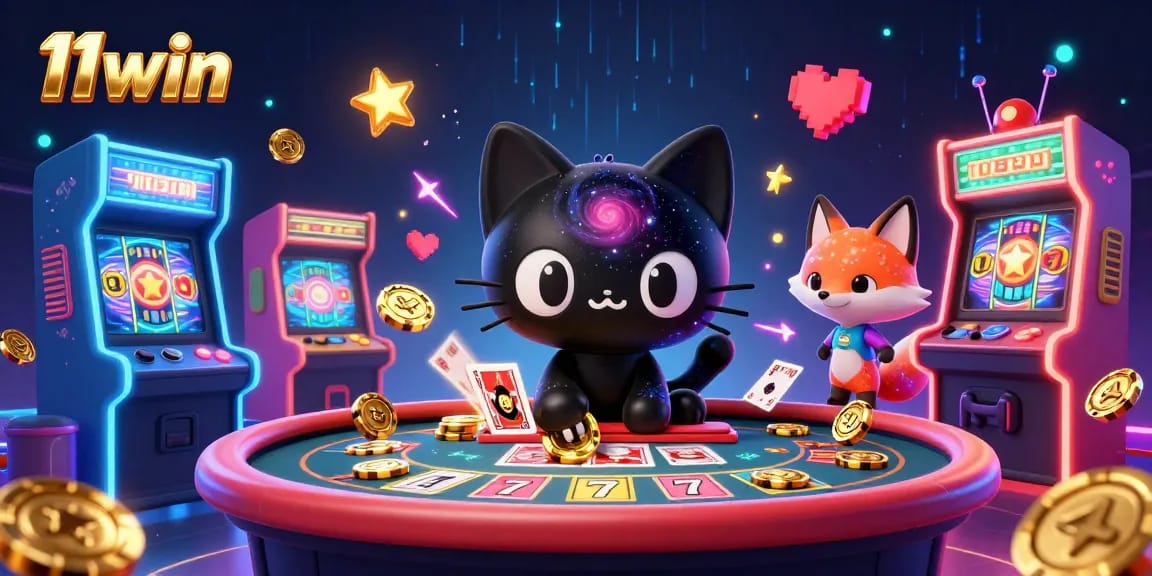 Play at 11win's vibrant casino with golden chips, slot reels, and cosmic characters.