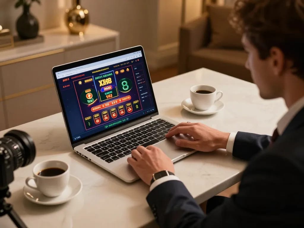 Engaging with XX88 casino app on a modern laptop, showcasing dynamic online gaming.