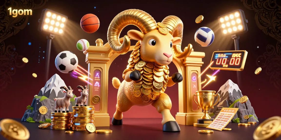 Experience thrilling plays with 1gom's golden ram character charging towards victory amidst dynamic sports action.