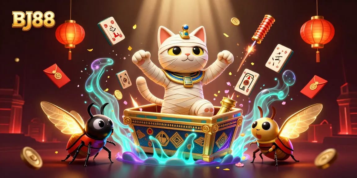 Engage with BJ88's vibrant casino scene, featuring a mummy cat and scarab beetle amidst dynamic gaming elements.