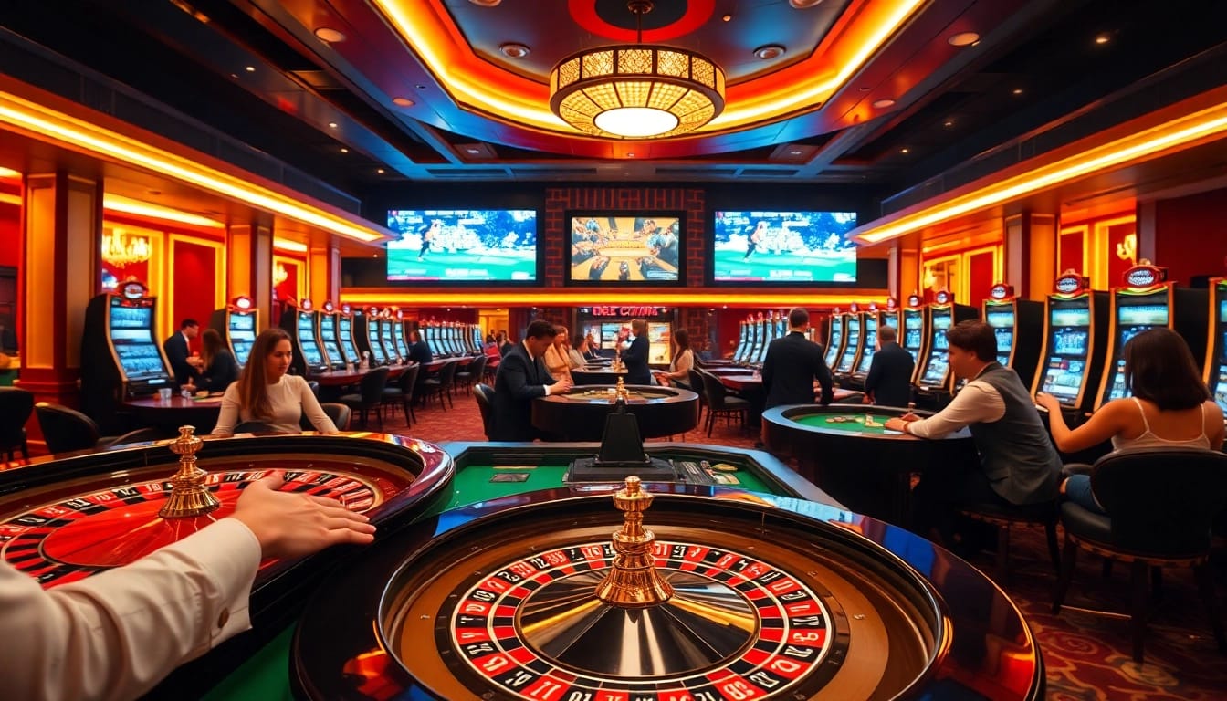 Experience the thrill of gambling at the 65A casino featuring bustling tables and vibrant slots.