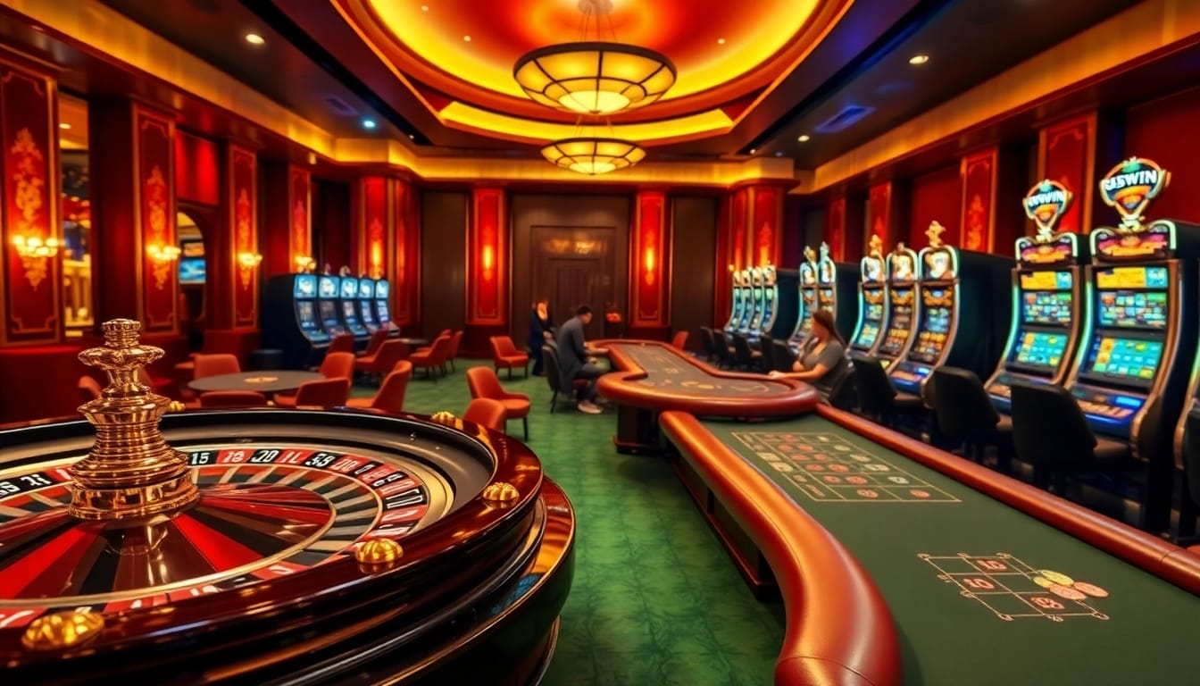 Experience the thrilling atmosphere at SUNWIN's vibrant casino, featuring roulette and poker tables.