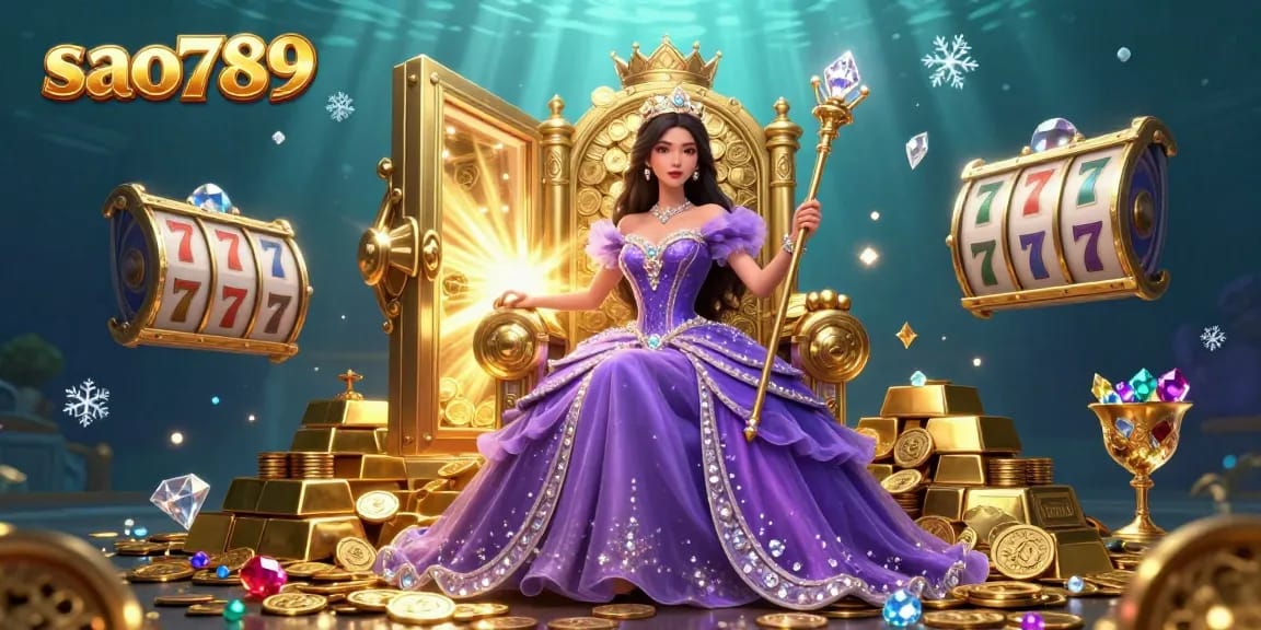 Sao789 players enjoy spinning slot reels amid gold coins and treasure in an enchanting underwater scene.
