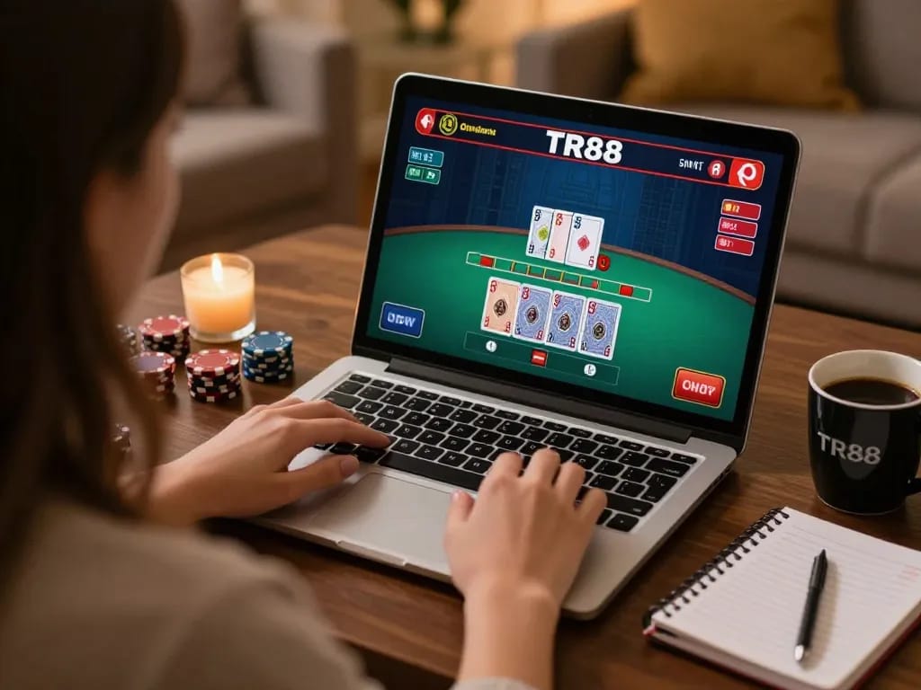 Engaging TR88 gamer enjoying live blackjack at home with strategy notes.