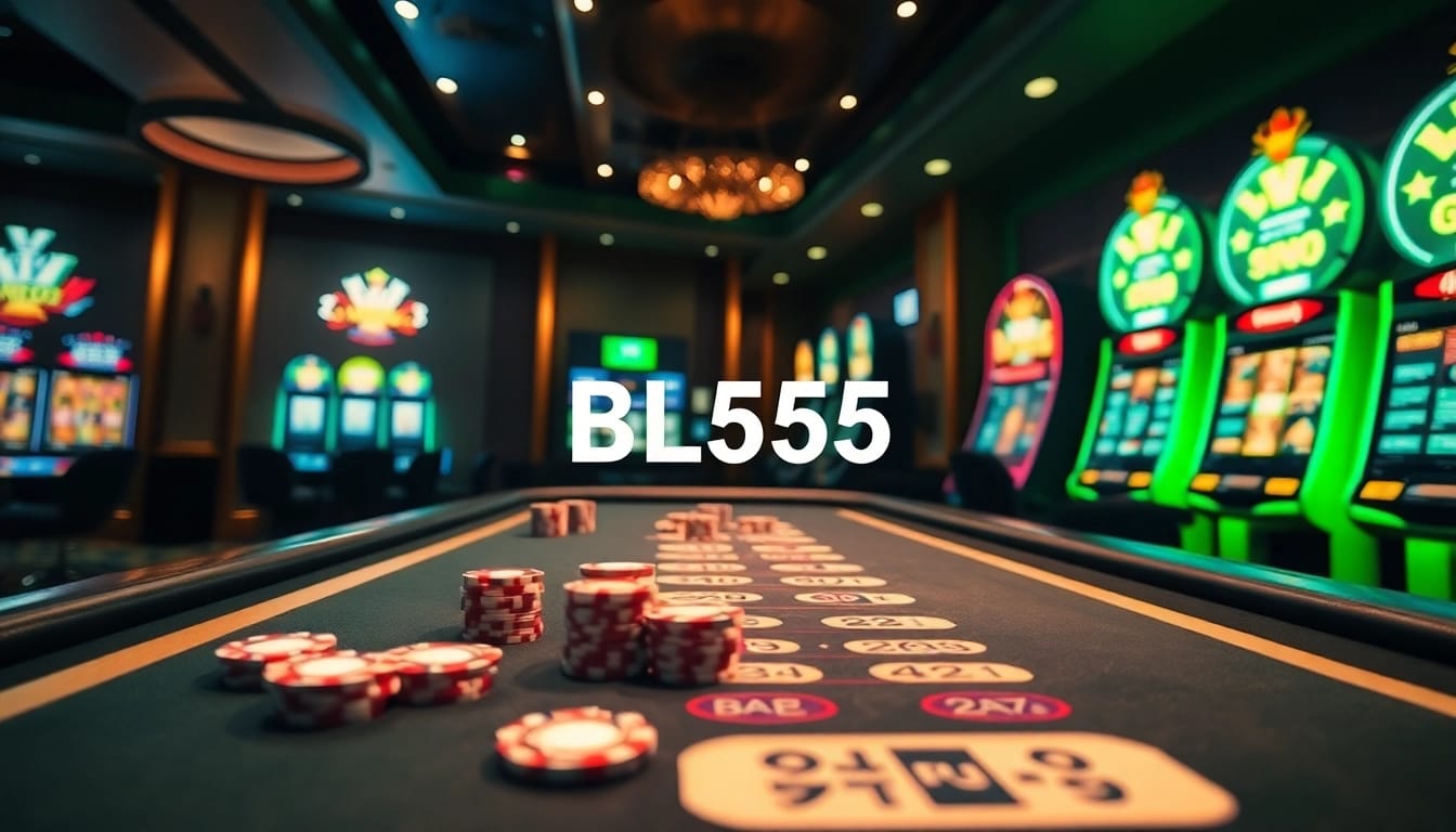 Players engage at a luxury BL555 casino table with vibrant poker chips and slot machines.