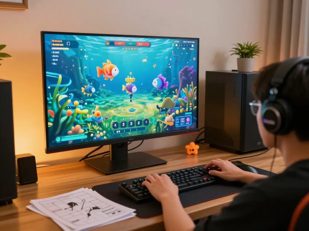 Bắn cá đổi thưởng excitement in a modern gaming setup, person enjoying gameplay on a vibrant screen