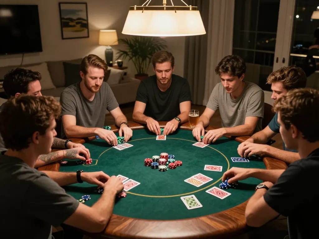 Players strategizing in an engaging okking home poker game night with cards and chips