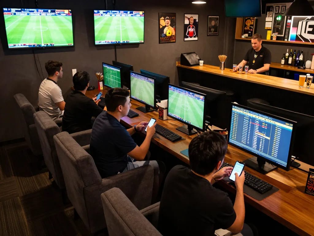 Betting on kèo nhà cái at a lively sports lounge with fans engaged in wagering strategies