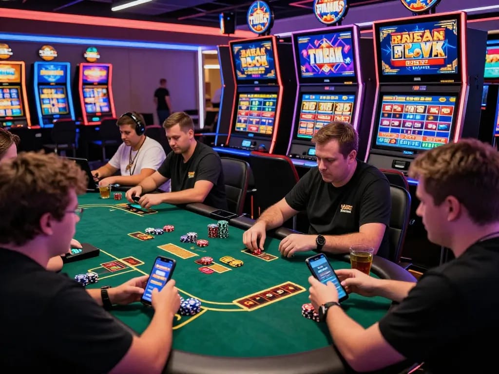 Engaging online gambling scene at TK88 showcasing players enjoying live casino games and slots with vibrant digital interface.