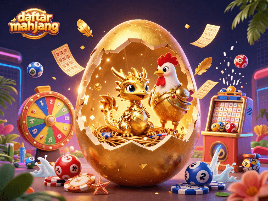 Play daftar mahjong with exciting lottery elements and a sparkling golden dragon in a vibrant casino scene.