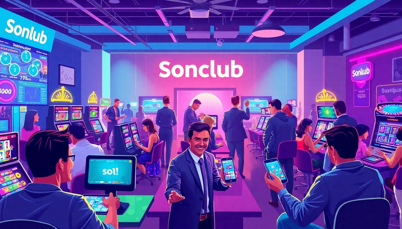 Sonclub online gaming platform scene, showcasing vibrant players enjoying various games and an inviting atmosphere.