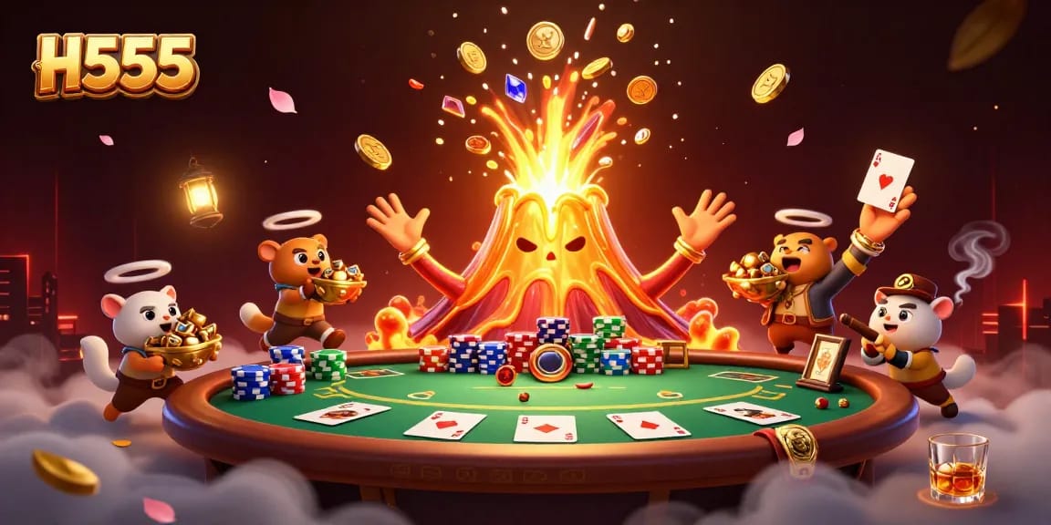 Experience the thrill of H555 with a vibrant 3D casino scene featuring rich poker elements.