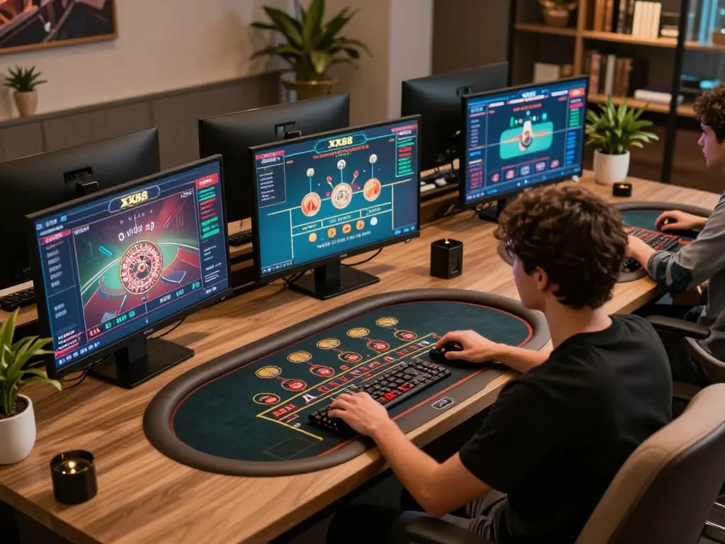 Player engaging in strategic gameplay at XX88's online casino with multiple screens and a modern setup.