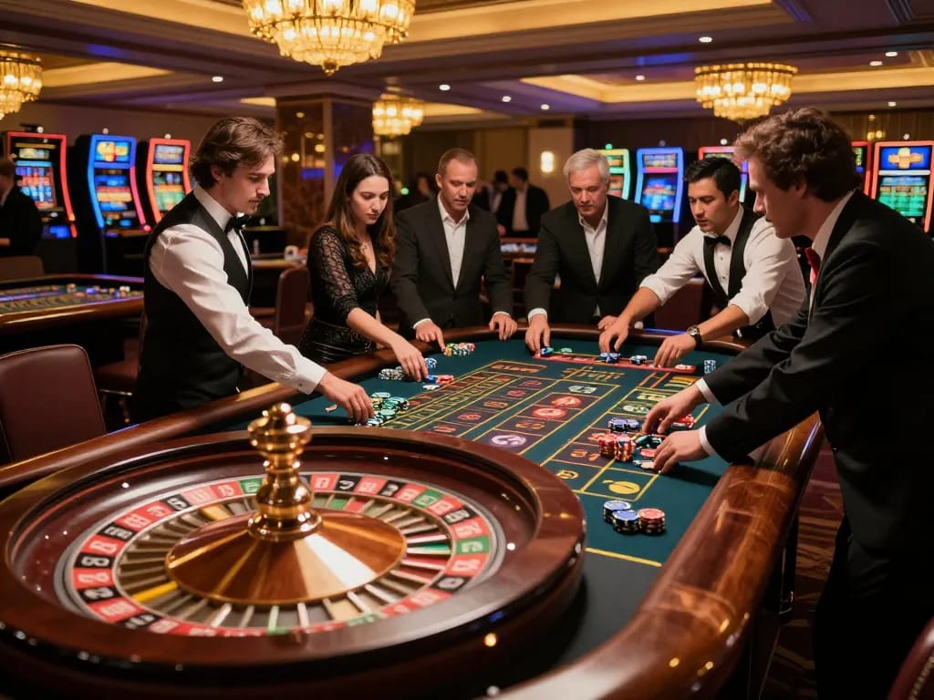 Players engaged in exciting roulette gameplay at mb66 casino table with vibrant chips