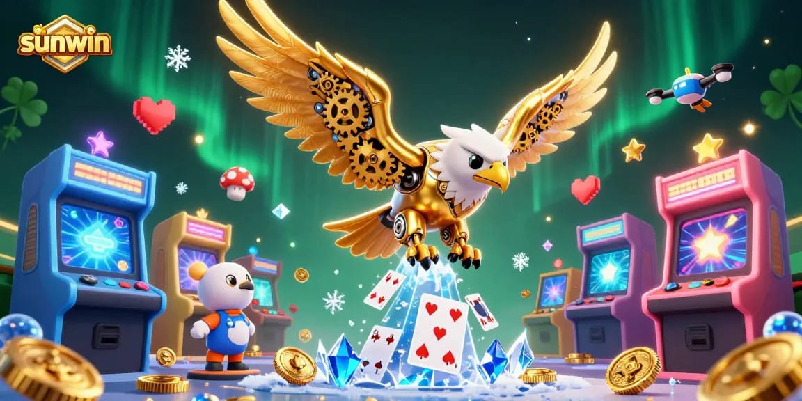 Engage with sunwin’s vibrant 3D cybernetic eagle soaring through holographic gaming elements, showcasing casino excitement.