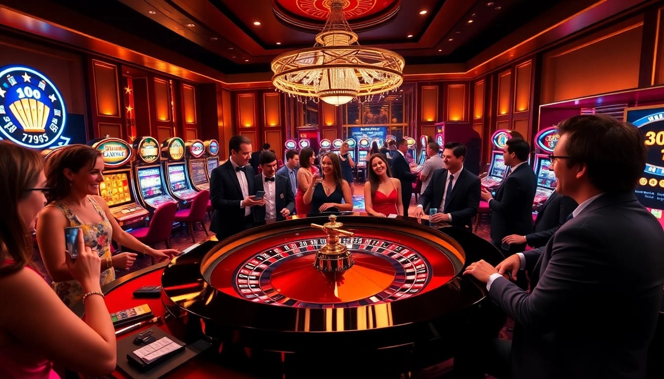 Experience the thrill with http://33winn.gold/ as players engage at a vibrant roulette table in a luxurious casino setting.