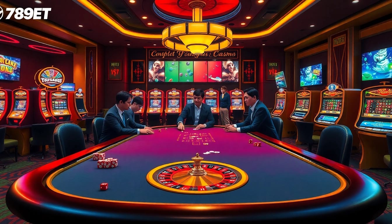 Exciting poker game in a luxurious casino with 789BET branding and vibrant gaming elements.