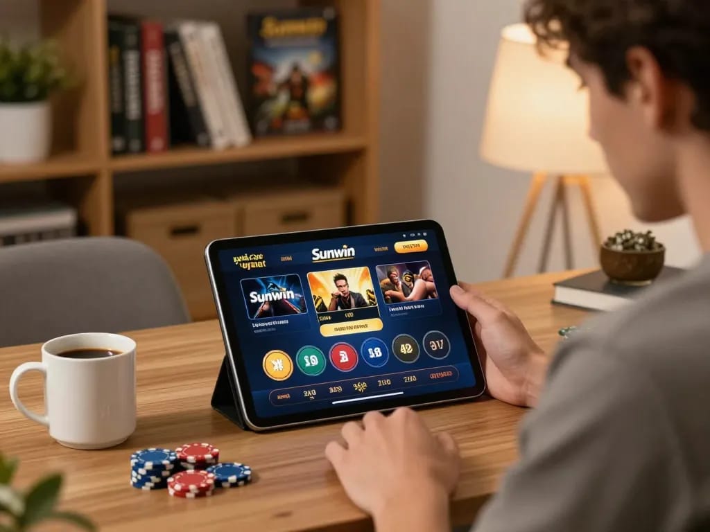 Engaging in online gambling with nhà cái uy tín Sunwin on a tablet while managing bankroll and strategy notes.