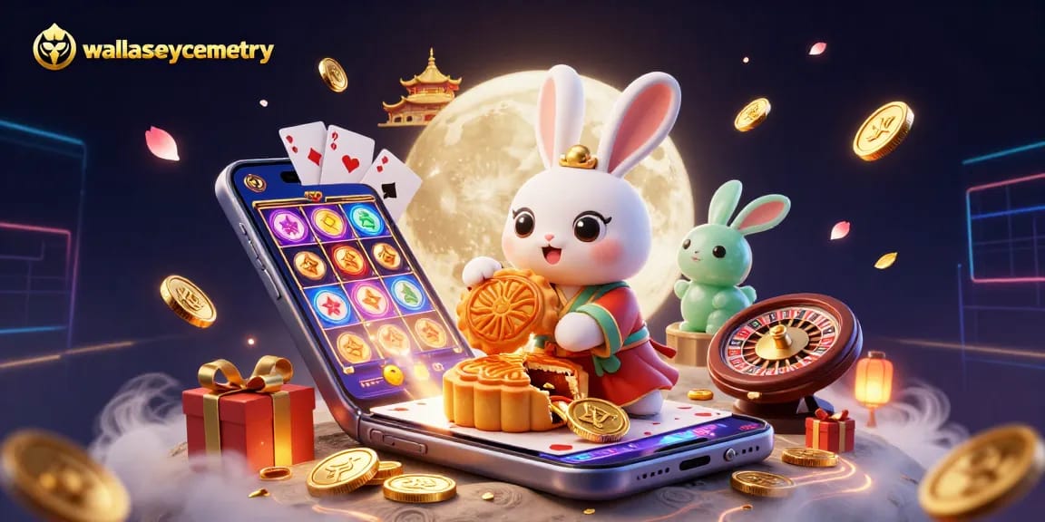 Engage with wallaseycemetery in an immersive 3D illustration showcasing dynamic gambling elements amidst cartoon rabbits on the moon.