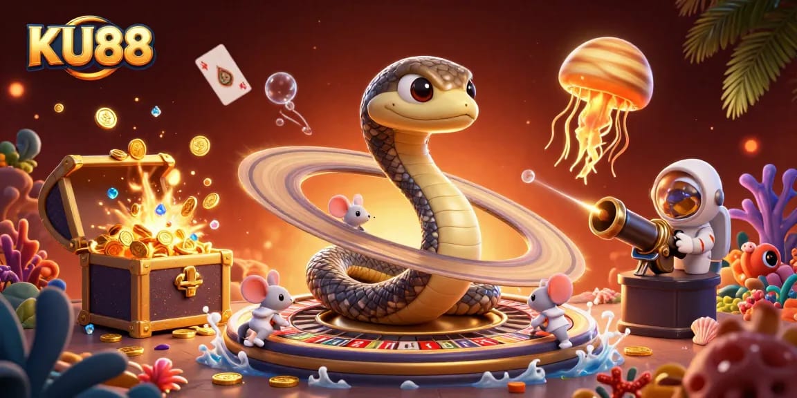 Experience the thrill of KU88 with a cosmic roulette featuring unique characters and lively game elements.